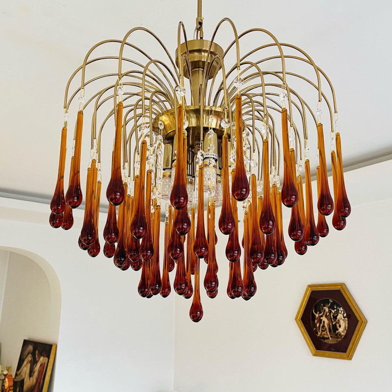 Crystal Gold Chandelier - Modern Raindrop Crystal Light Fixture For Dining Room, Vintage Pendant Lighting For Living Room, Bedroom, Bathroom, Foyer, And Kitchen Island With Gradient Burgundy Crystals
