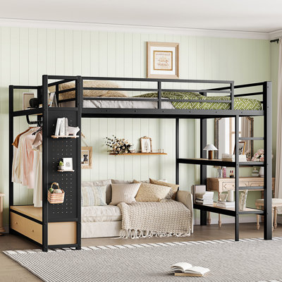Grand lit mezzanine en métal avec garde-robe