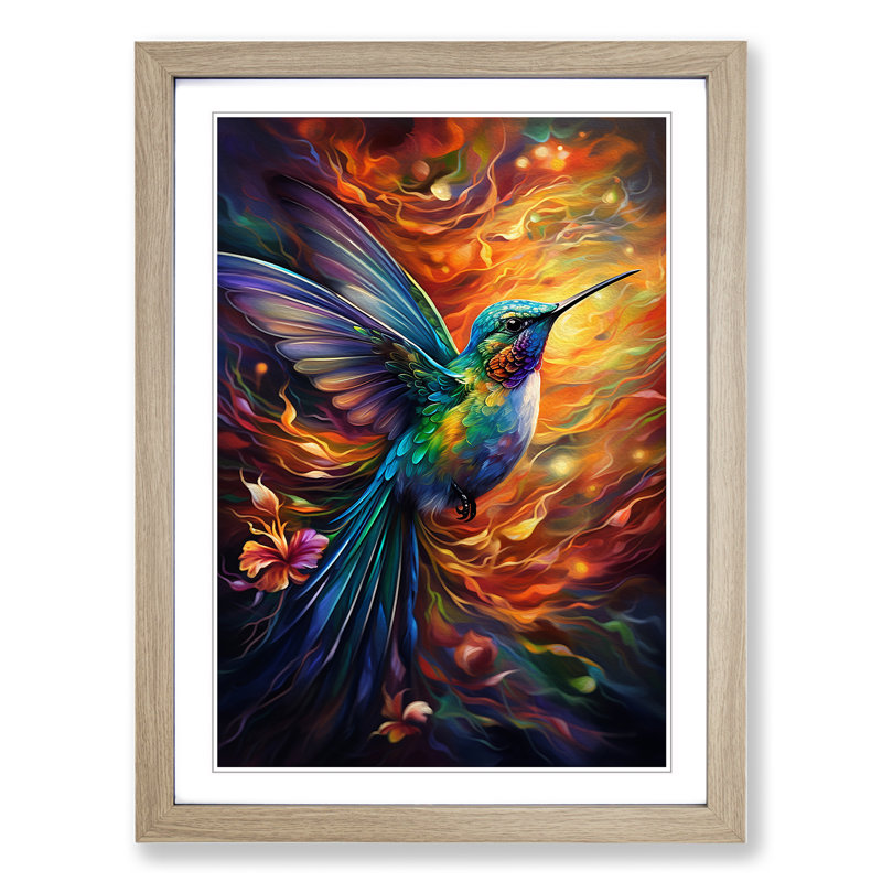 Hummingbird Expressionism - Single Picture Frame Print on Wood, 64cm H x 46cm W x 2cm D, Oak