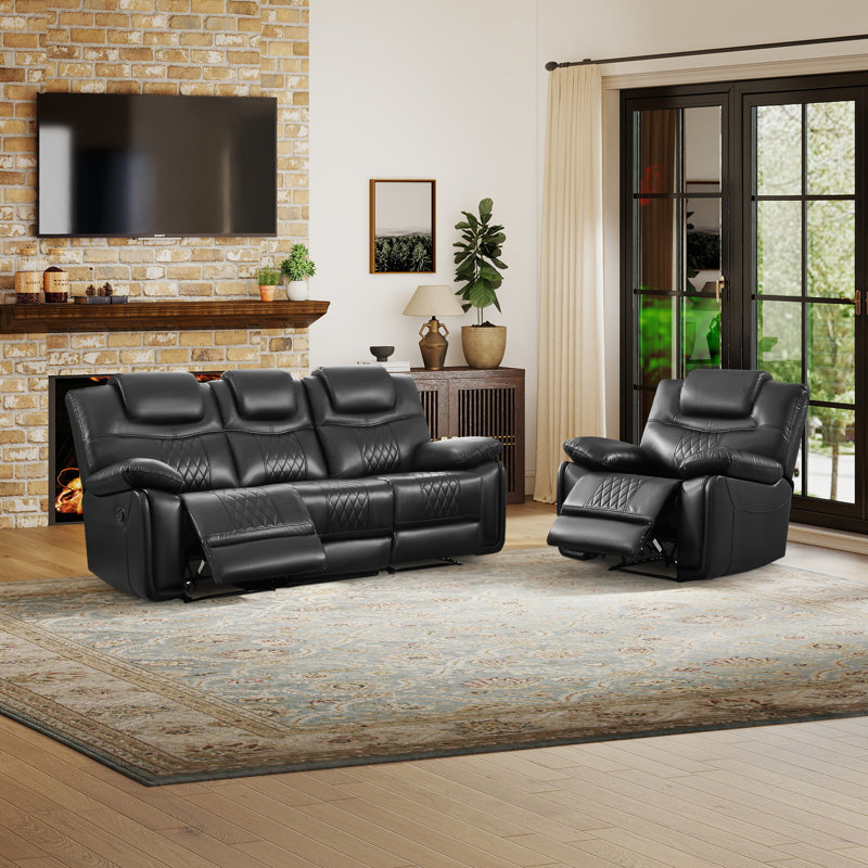 Jepum - Ensemble de salon en cuir 2 pièces avec fauteuil inclinable, Bleu marine