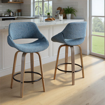 Tabouret de comptoir à hauteur fixe avec pivot en bois gris clair et tissu bleu avec repose-pieds rond en métal noir - ensemble de 2