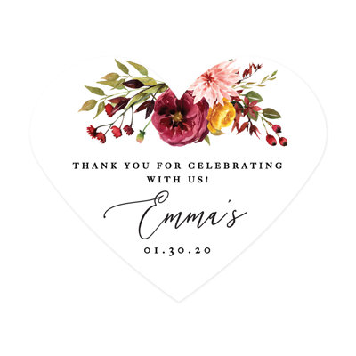 Automne bourgogne, mariage de Marsala, autocollants personnalisés avec étiquette cœur, «Thank You For Celebrating With Us», conception graphique florale de Marsala, paquet de 75