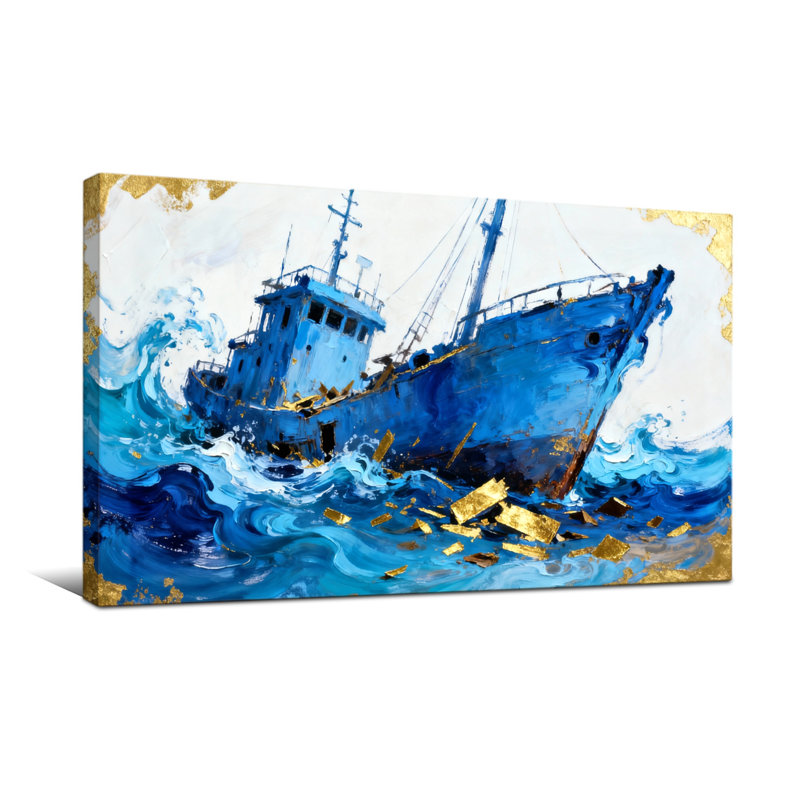 Nautique et plage, bateau bleu orageux or sur toile, H 16 po x l 32 po
