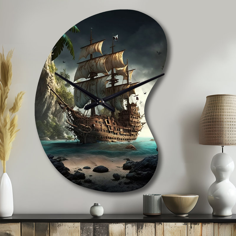 Bateau pirate sur l'océan - Horloge murale en forme de bateau, horloge murale asymétrique traditionnelle, Grand