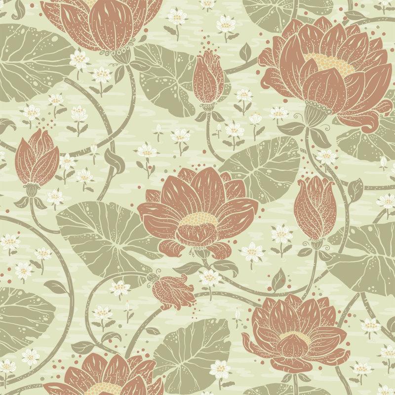 Hjarterum Eva Water Lillies 10.05m x 53cm Matte Wallpaper Roll, Light Yellow