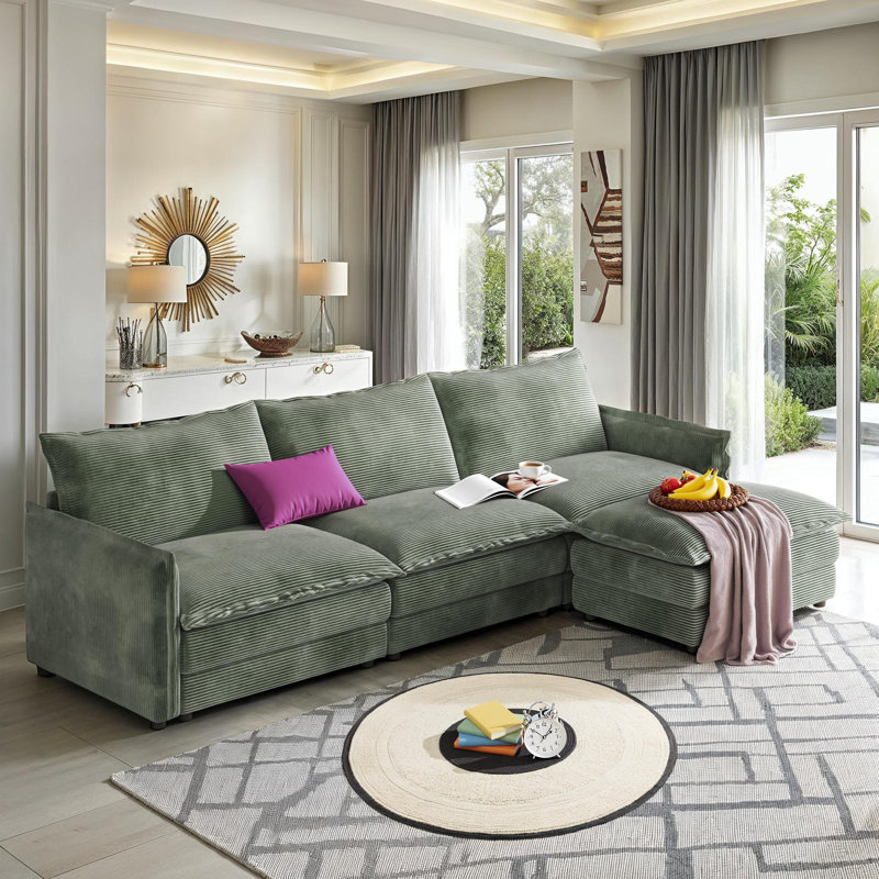 L-Shaped Sectional Sofa 3-Seater Corduroy Upholstered Cloud Couch with 1 Movable Footrest, Beige Corduroy