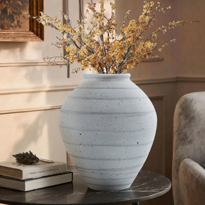 High-Fired Light Gray Speckled White Ceramic Table Vase, Hand-Carved Ribbed Wide-Mouth Flower Vase, Bulbous Tapered Neutral Tone Minimalist Artisan Pottery Vase for Living Room & Home Decor