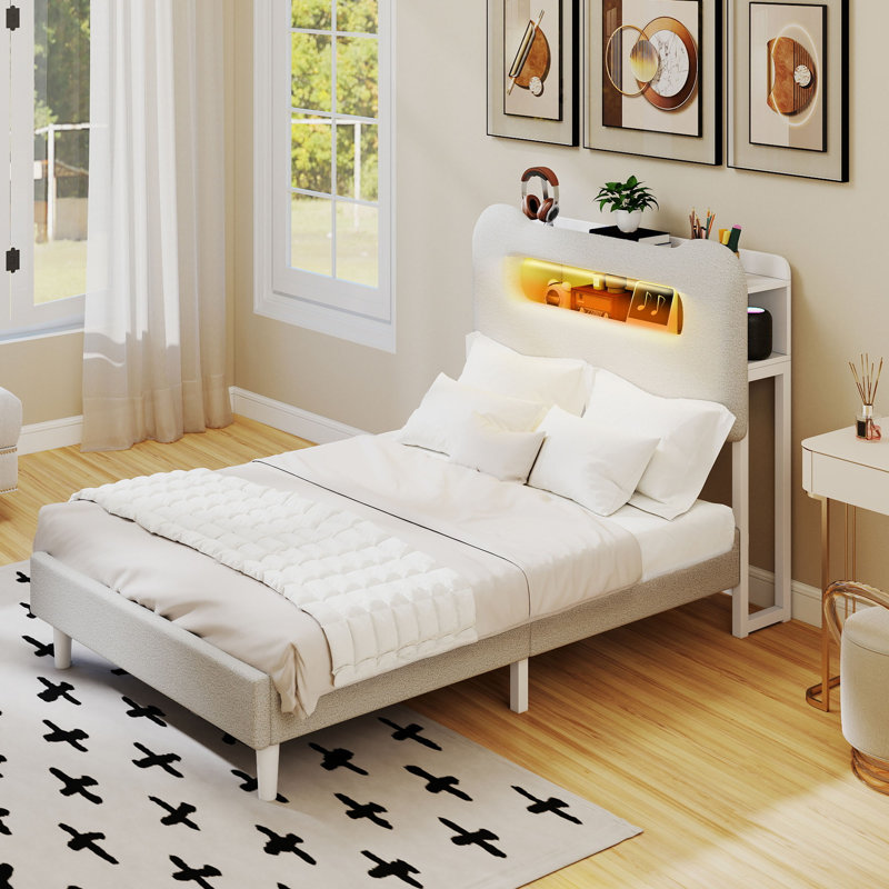 Upholstered Platform Bed with LED Lighting Included, Beige, Twin