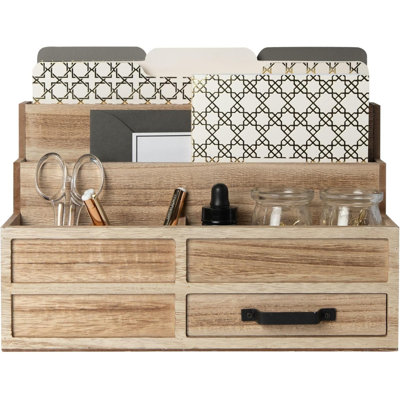Natural Wooden Mail Organizer With Drawers And Pen Holder - A Desktop Organizer Suitable For Bills, Storage, Countertops And Kitchens