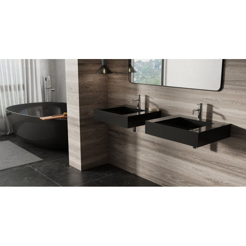 Badeloft 23.6" x 19.6" Stone Resin Wall Mounted Bathroom Sink WT-04-E-GBLK in Glossy Black