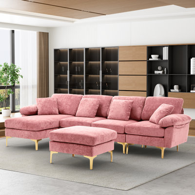 114" U Shaped Chenille Sectional Sofa with Chaise Ottoman and Gold Legs
