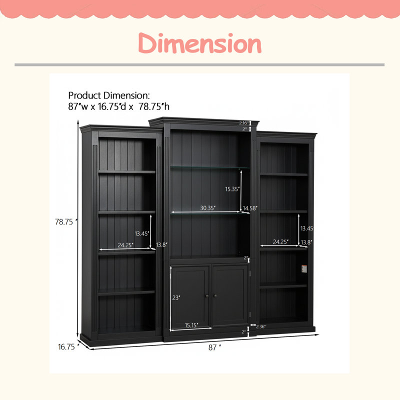 Tall 3-Pieces Bookcase, Display Cabinet With 5 Colors Adjustable LED Ceiling Light, Retro Style Bookshelves With Tempered Glass Shelves For Living Room, Office, Studio Or Workspace