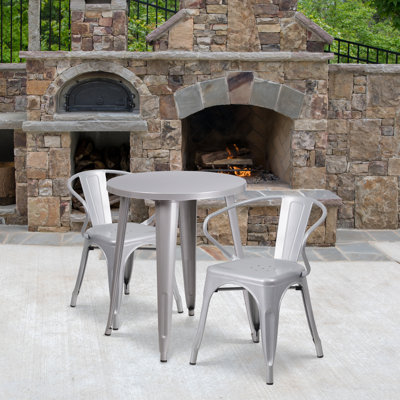 Duluth 30'' Round Metal Indoor-Outdoor Table Set with 2 Arm Chairs