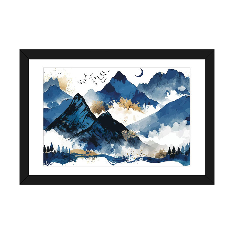Montagnes bleues, Blanc, H 16 po x l 24 po x P 1 po, Papier avec cadre noir ouvert