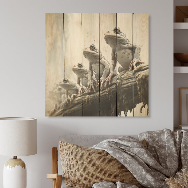 Minimalisme, grenouille et crapauds, harmonie familiale sur bois de pin naturel, H 15 po x l 15 po