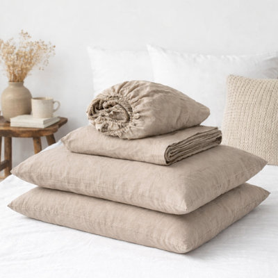 55% French Linen 45% Cotton 4 Pieces Sheet Set in Beige/Dark Oatmeal Color