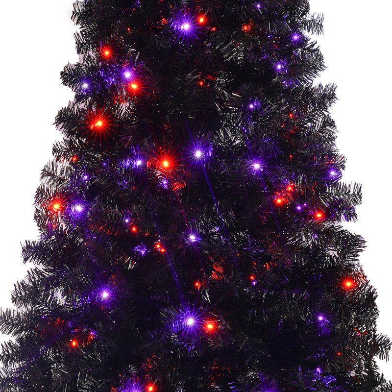 Arbre de Noël illuminé 6 pi avec 250 lumières DEL, forme incurvée et base en métal, arbre de Noël artificiel à charnières, noir