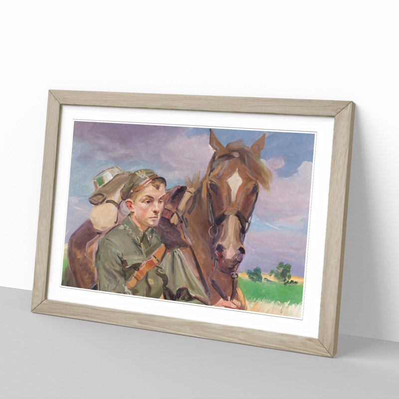 A Soldier with a Horse by Wojciech Kossak - Picture Frame Painting, 48cm H x 65cm W x 2cm D, Oak Framed