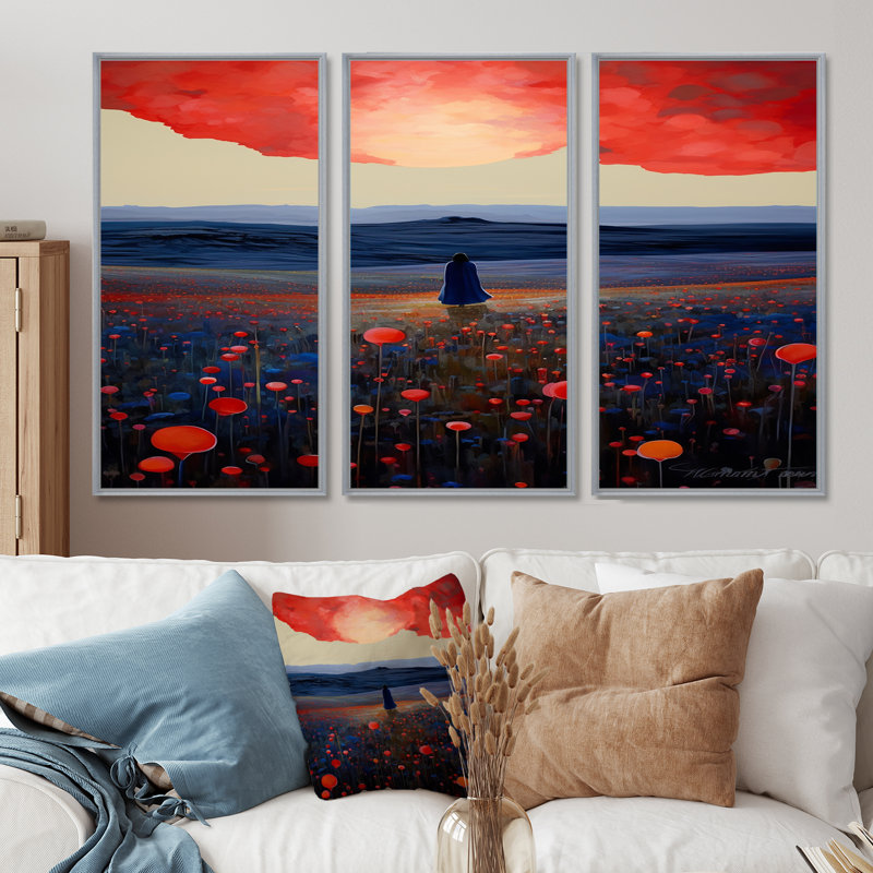 «Red Sky Blue Mountains Red Poppies - Meadow», ensemble de reproduction d'art mural, Encadrement argenté