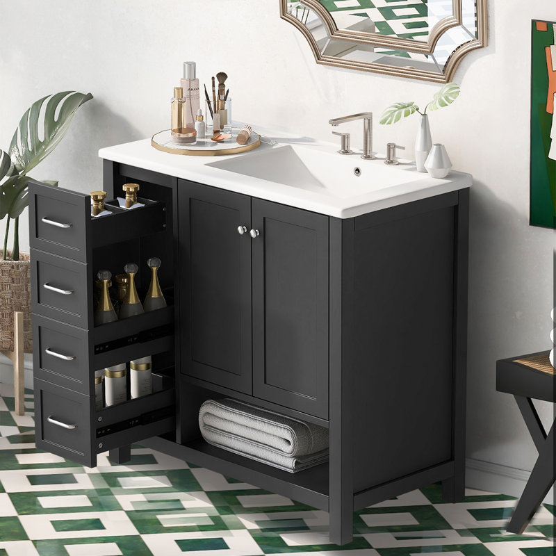 Meuble-lavabo 36 po avec lavabo en céramique, Noir, Argent argent