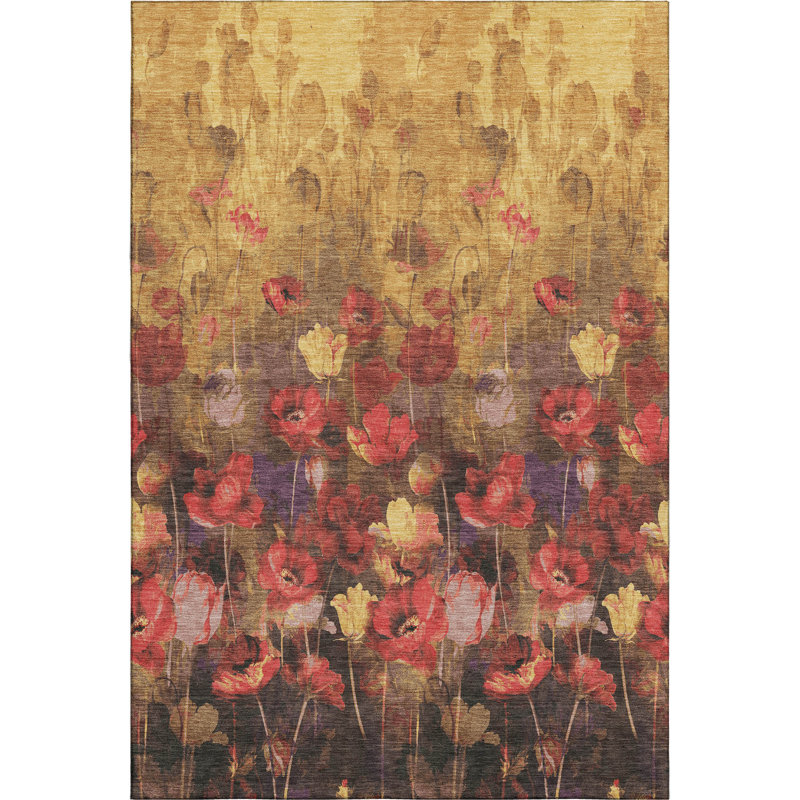 Premium Machine Washable Lyndhurst AMF992 Floral Rug, Rectangle 5' x 7'6"
