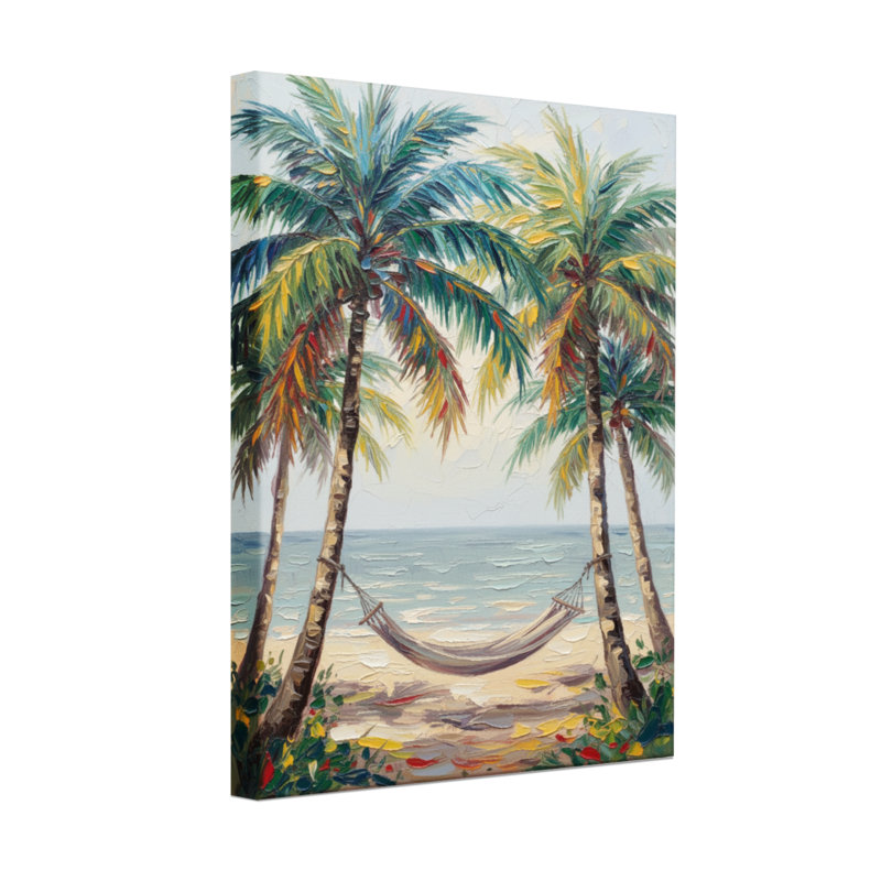 Plantes et fleurs, plage tropicale, palmiers, hamac, océan, ciel, H 24 po x l 16 po