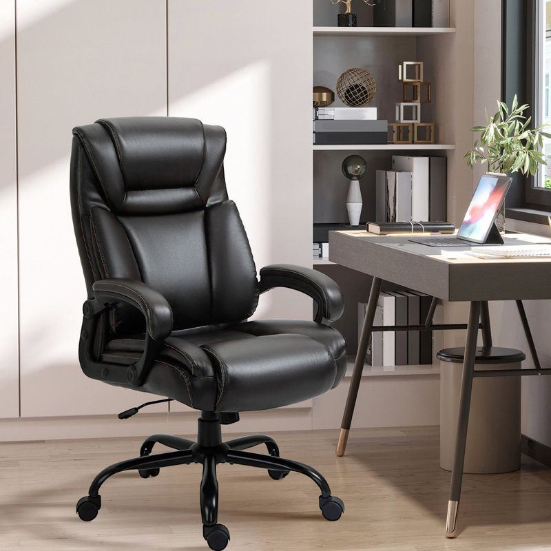 Chaise de bureau brune pour grands et grands utilisateurs, revêtement en cuir de polyuréthane, pivotant à hauteur réglable de 400 lb, cuir, siège large, réglable, pivotant,