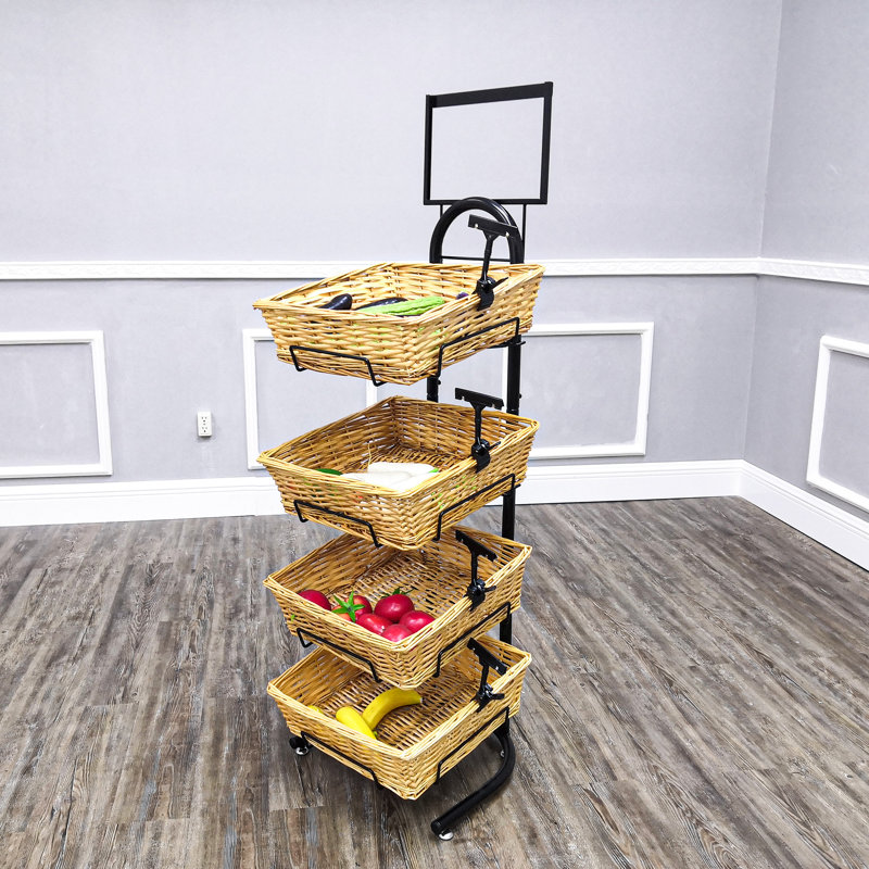 4 Tier Basket Stand, Sign Clips Wicker - Black