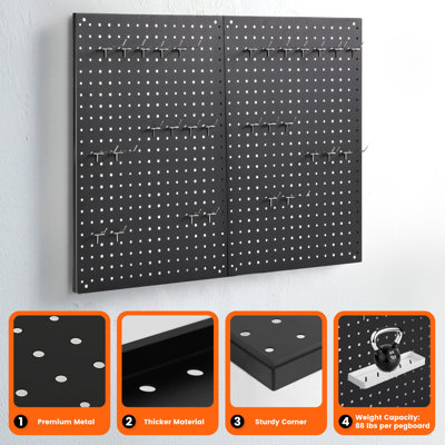 Pegboard, 2 PCS 24"×16" Metal Peg Board Panels Black Modular Wall Organizer Kit with 30 Hooks, Dual-Size Hole Design for Home Tool Storage, Garage Organization, Kitchen, Office, Craft Room