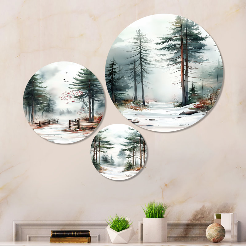 Snowy Pine Tree Forest Path - White Nature, art mural en métal 3 pièces