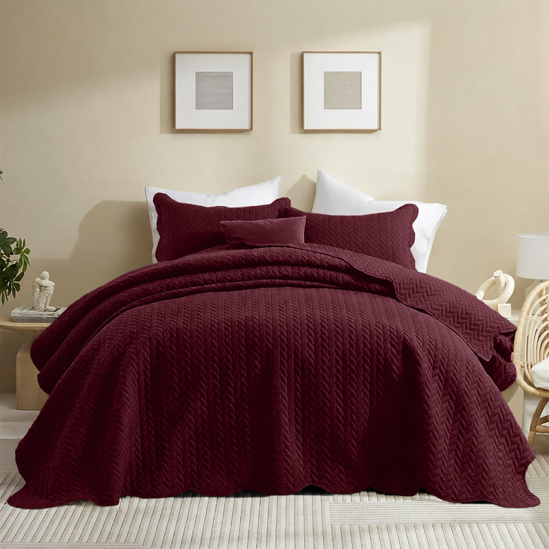 Microfiber Embossed Oversized Modern & Contemporary Bedspread Set With Shams, Burgundy, Twin Bedspread + 1 Pillowcase