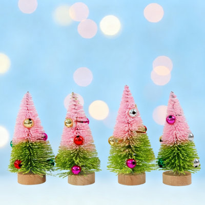 4 Pcs Artificial Mini Christmas Tree With Mini Ball Ornament Sisal Bottle Brush Trees With Wood Base Christmas Pine Trees For Autumn Winter Holiday Home Kitchen Party Decor