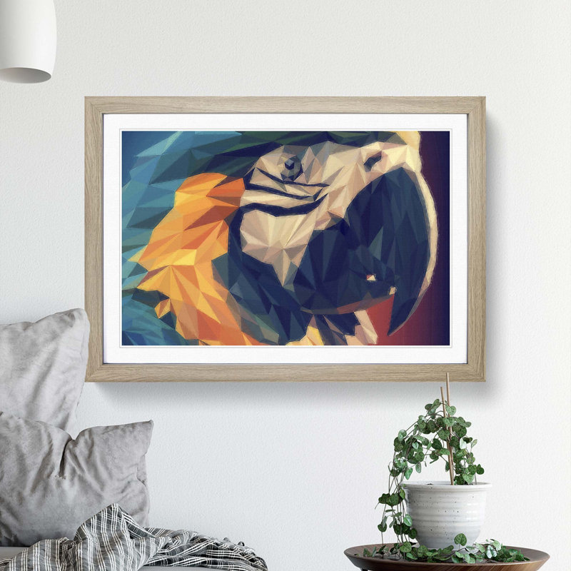Geometric Macaw Parrot in Abstract - Framed Print, 48cm H x 65cm W x 2cm D, Oak Framed