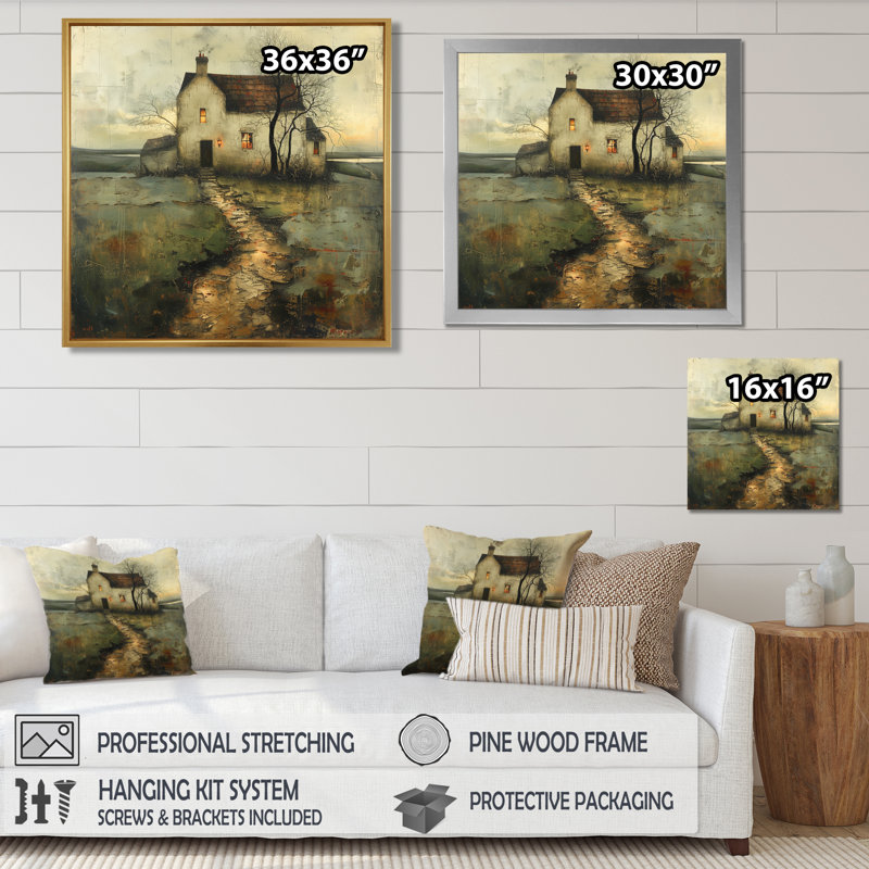  «Vintage Winter Country Cottage Reflections - Barn Wall Art Living Room, Toile avec cadre flottant or