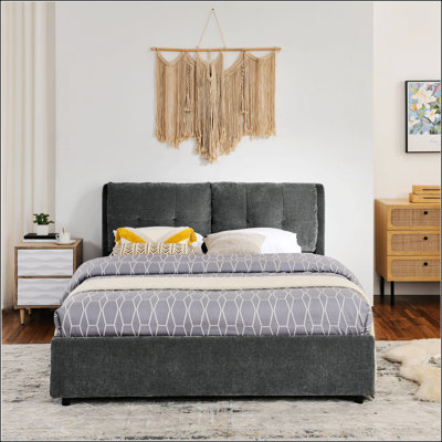 Grand lit de rangement élégant et fonctionnel avec tête de lit tapissier