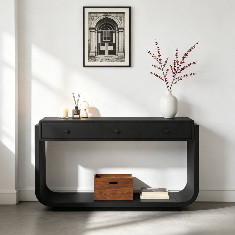 Console en noyer classique avec plusieurs tiroirs de rangement et table d'appoint à pieds ouverts, Noir