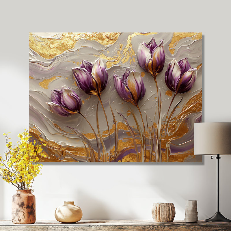 Marbré tulipes champ sur la rivière crème II - impression d'art en métal traditionnel, tulipes en métal, H 16 po x l 32 po