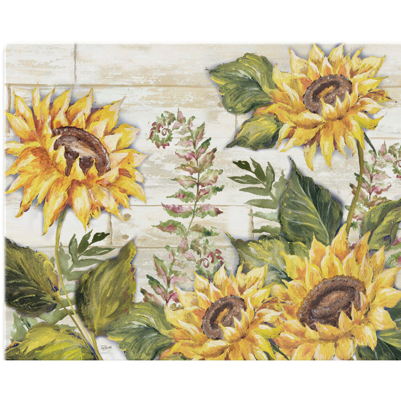 Sunflower Design Rectangular Glass Cutting Board with Non-Slip Feet