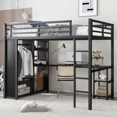 Full Size Loft Bed Frame With Built-In Wardrobe, Metal Loft Bed With Desk And Storage Shelves