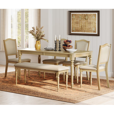 6 Piece Dining Table Set - Includes One Dining Table, 1 Upholstered Bench, 4 Wood Dining Chairs, Farmhouse Dining Set, Oak