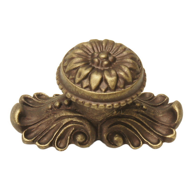 Grand bouton en acanthe avec pied évasé de style rosette avec contre-plaque moyenne en platine, Laiton antique