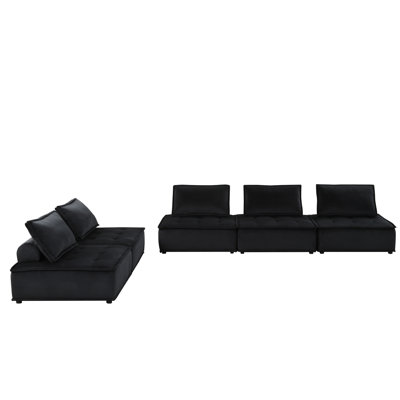 Black Velvet Sectional With 120" Seat And Foam Filled Cushions 29.65 In. Height Pocket Coil Springs
