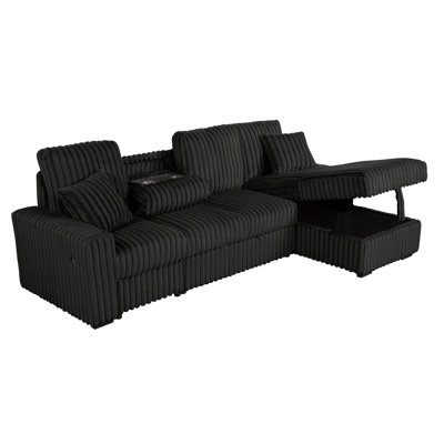 3 Piece Plush Corduroy Sectional With Pullout Loveseat Bed & Storage Chaise