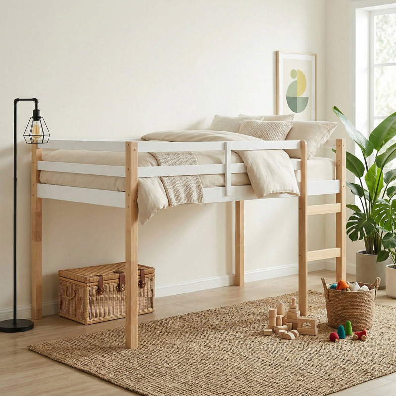 Bois massif, lit mezzanine simple en bois d'hévéa avec échelle, plateforme de lattes renforcées, blanc naturel