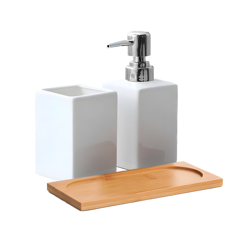Ensemble de salle de bain en céramique blanche 3 en 1 avec plateau en bambou | Porte-brosse à dents et organisateur | Élégante bouteille réutilisable pour shampooing et nettoyant pour le corps