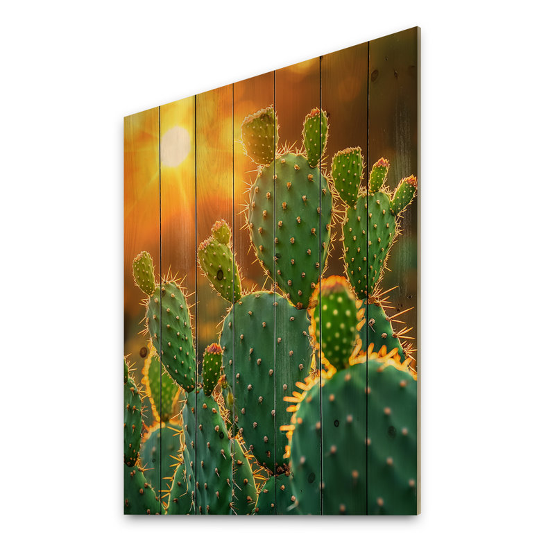 Cactus au coucher du soleil - Décoration murale en bois de cactus floral - sur bois de pin naturel, H 20 po x l 10 po