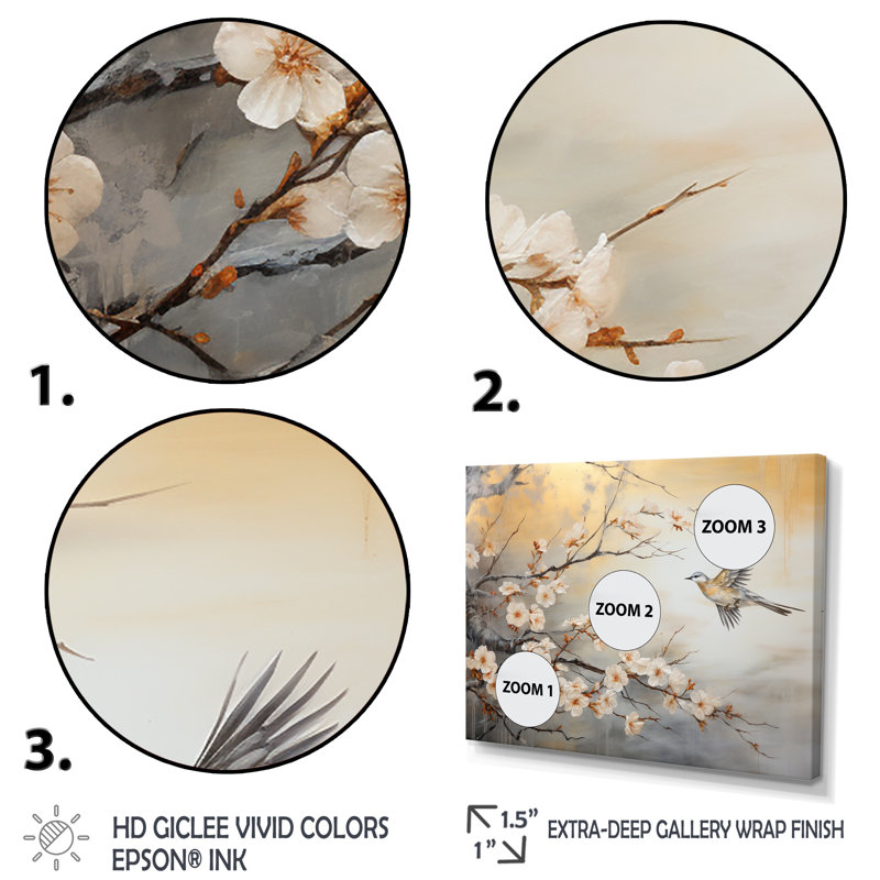 Oiseaux gris et blancs sur un arbre floral III - art mural oiseau, H 24 po x l 32 po x P 1 po, Cadre flottant doré
