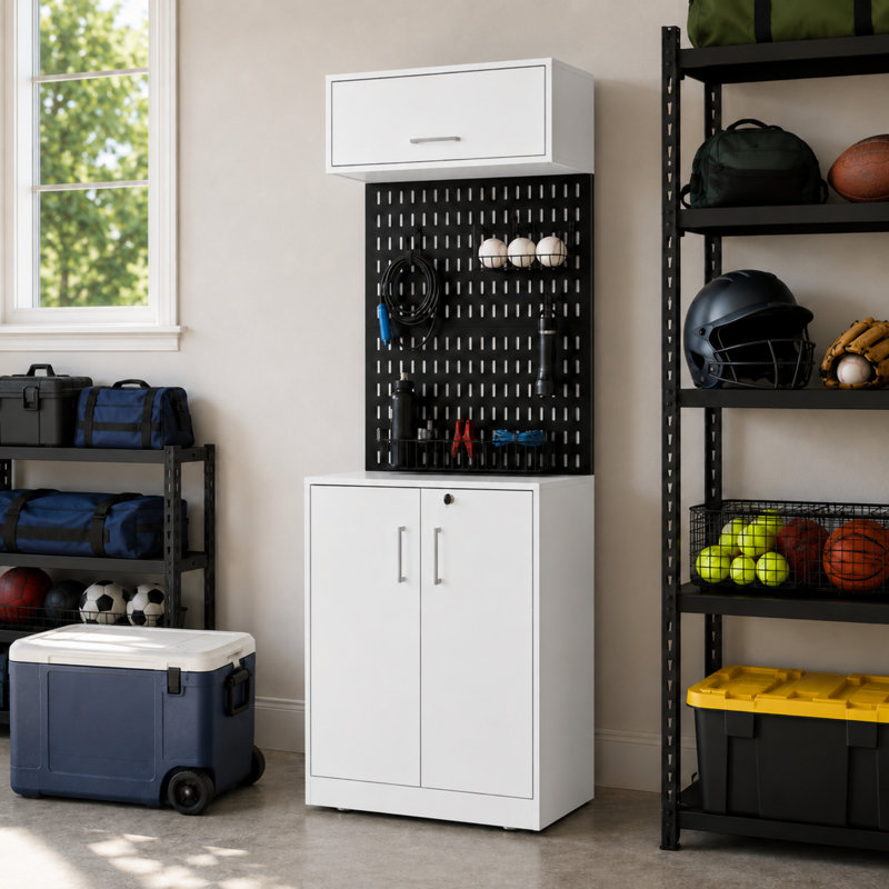 Armoire de rangement pour garage (H 78,9 po x l 26,8 po x P 20,5 po), organisateur d'outils avec panneau perforé, base verrouillable à 2 portes et tablettes divisées