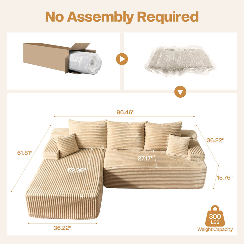 Canapé modulaire rembourré de 96,46 po de largeur avec siège très profond et 2 coussins, pour un salon, une chambre à coucher ou un appartement