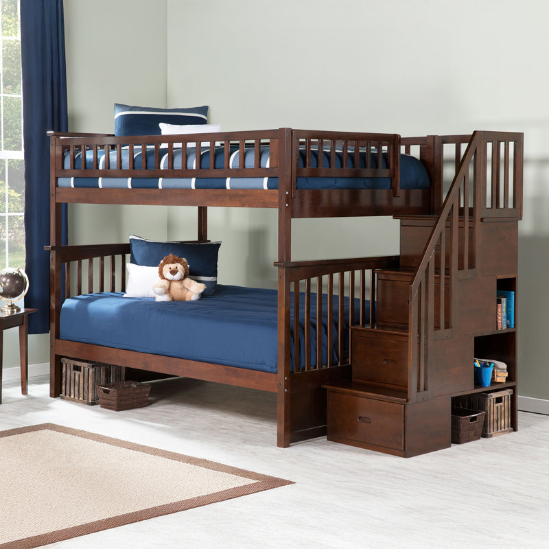 Lit superposé d'escalier en bois massif Flinn Kids, Noyer, Double sur double